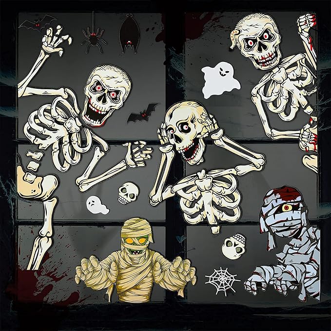 7 张万圣节骨架窗户吸附,双面妈咪僵尸蝙蝠幽灵静态贴纸,玻璃贴花装饰